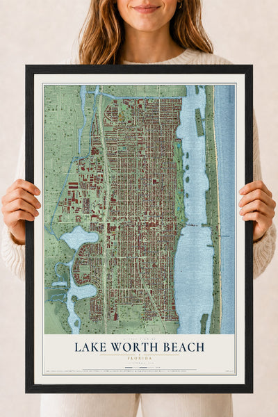 Lake Worth Beach, Florida map print, 18" x 24" W/ Black Ayous Wood Frame mockup