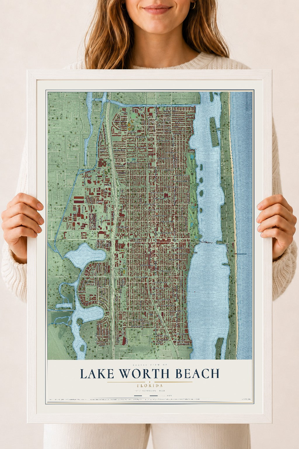 Lake Worth Beach, Florida map print, 18" x 24" W/ White Ayous Wood Frame mockup