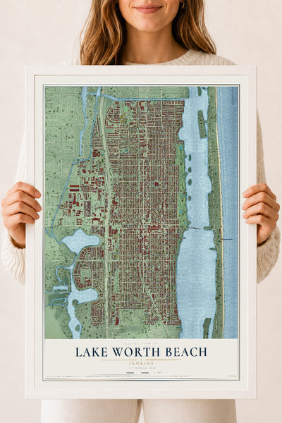 Lake Worth Beach, Florida map print, 18" x 24" W/ White Ayous Wood Frame mockup