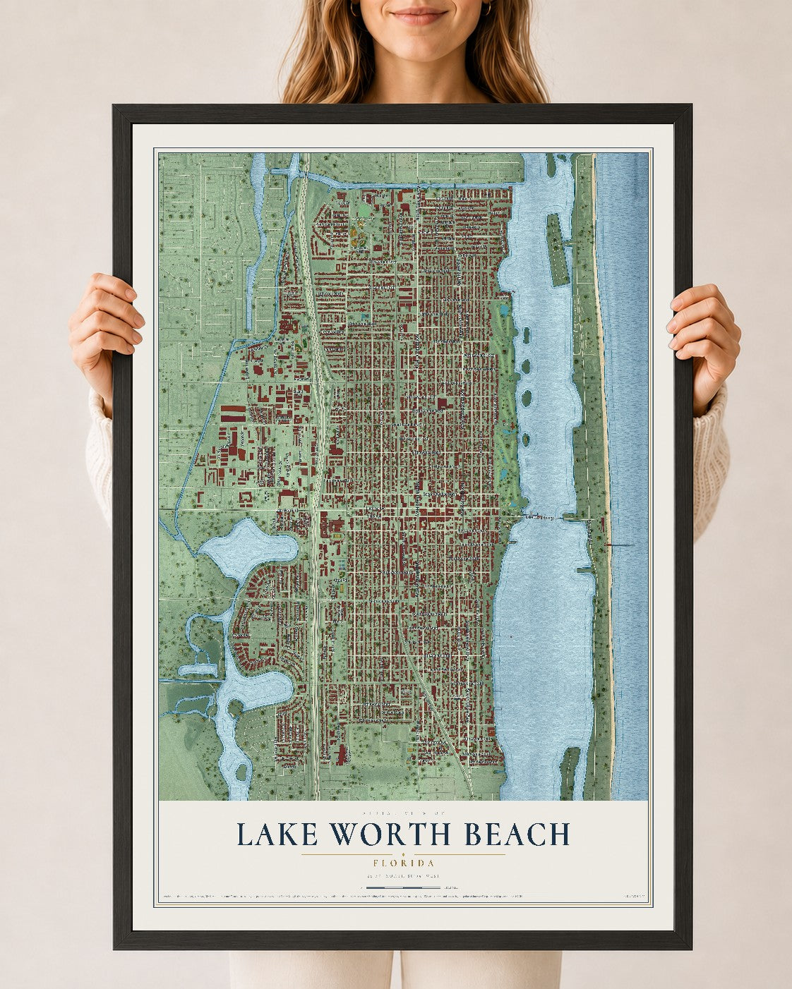 Lake Worth Beach, Florida map print, 24" x 36" W/ Black Ayous Wood Frame mockup