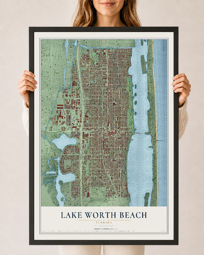 Lake Worth Beach, Florida map print, 24" x 36" W/ Black Ayous Wood Frame mockup