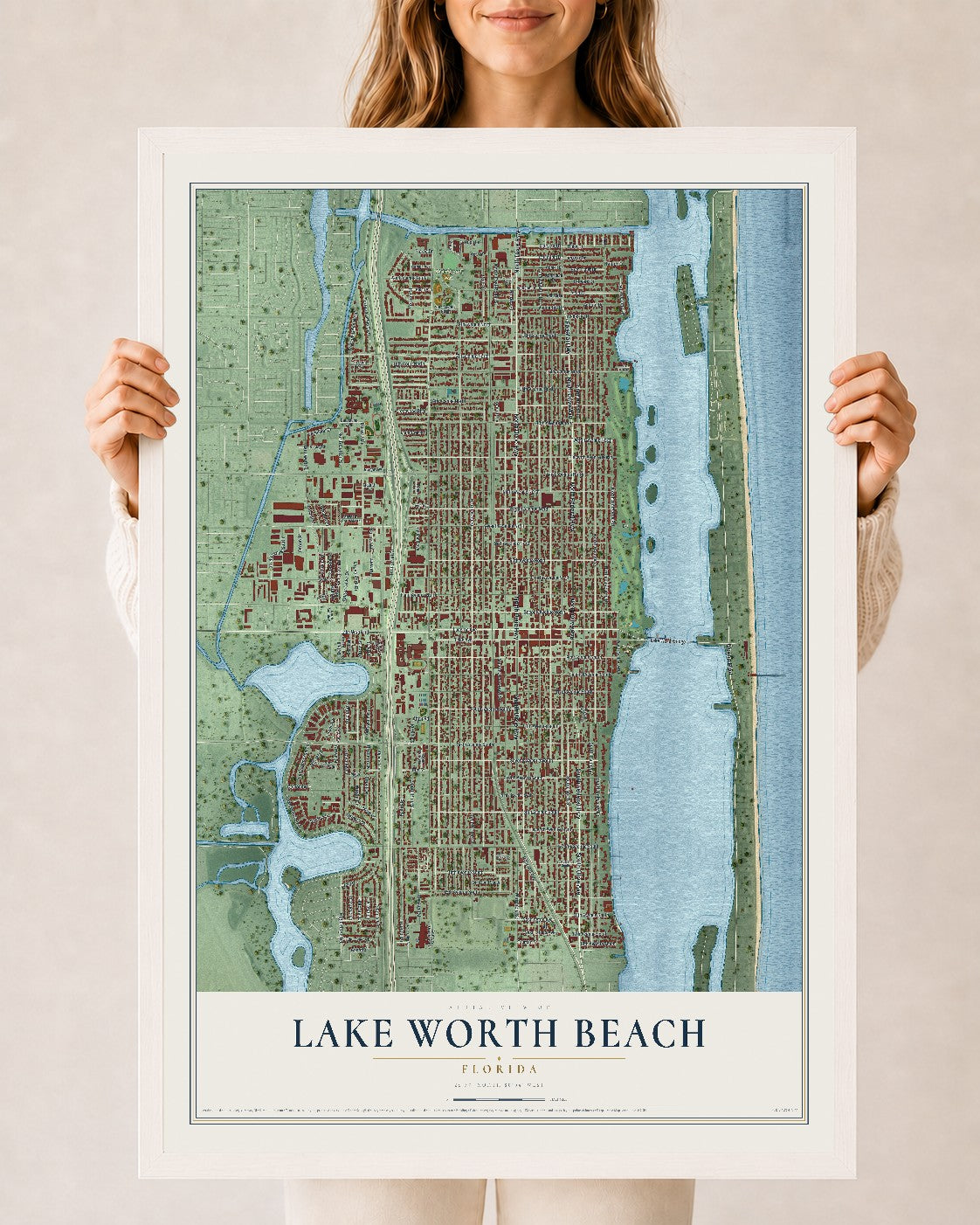 Lake Worth Beach, Florida map print, 24" x 36" W/ White Ayous Wood Frame mockup