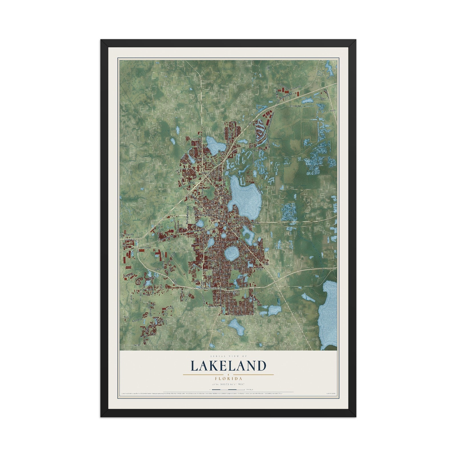 Lakeland, Florida map print, 12" x 18" W/ Black Ayous Wood Frame mockup