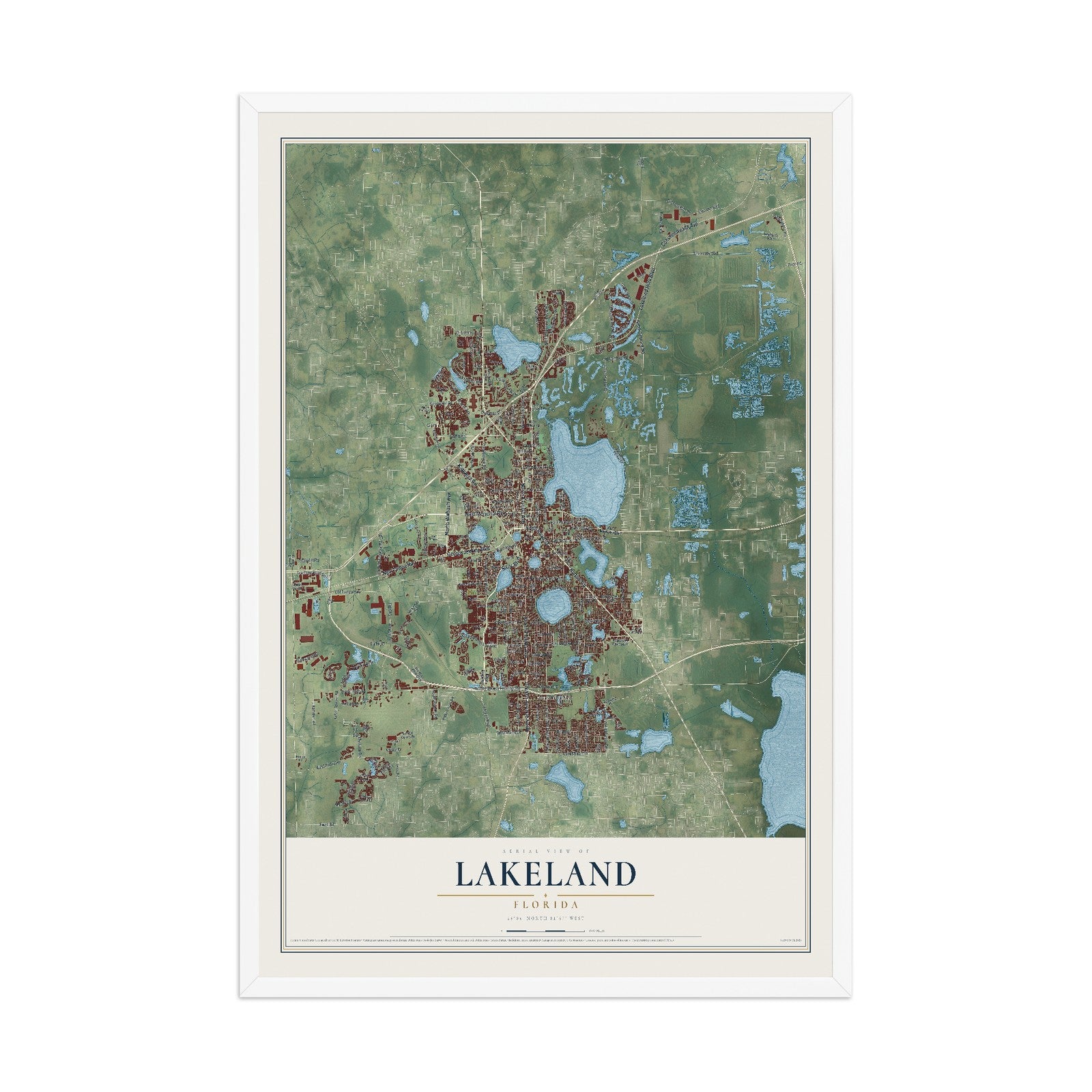 Lakeland, Florida map print, 12" x 18" W/ White Ayous Wood Frame mockup