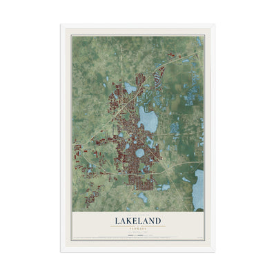 Lakeland, Florida map print, 12" x 18" W/ White Ayous Wood Frame mockup