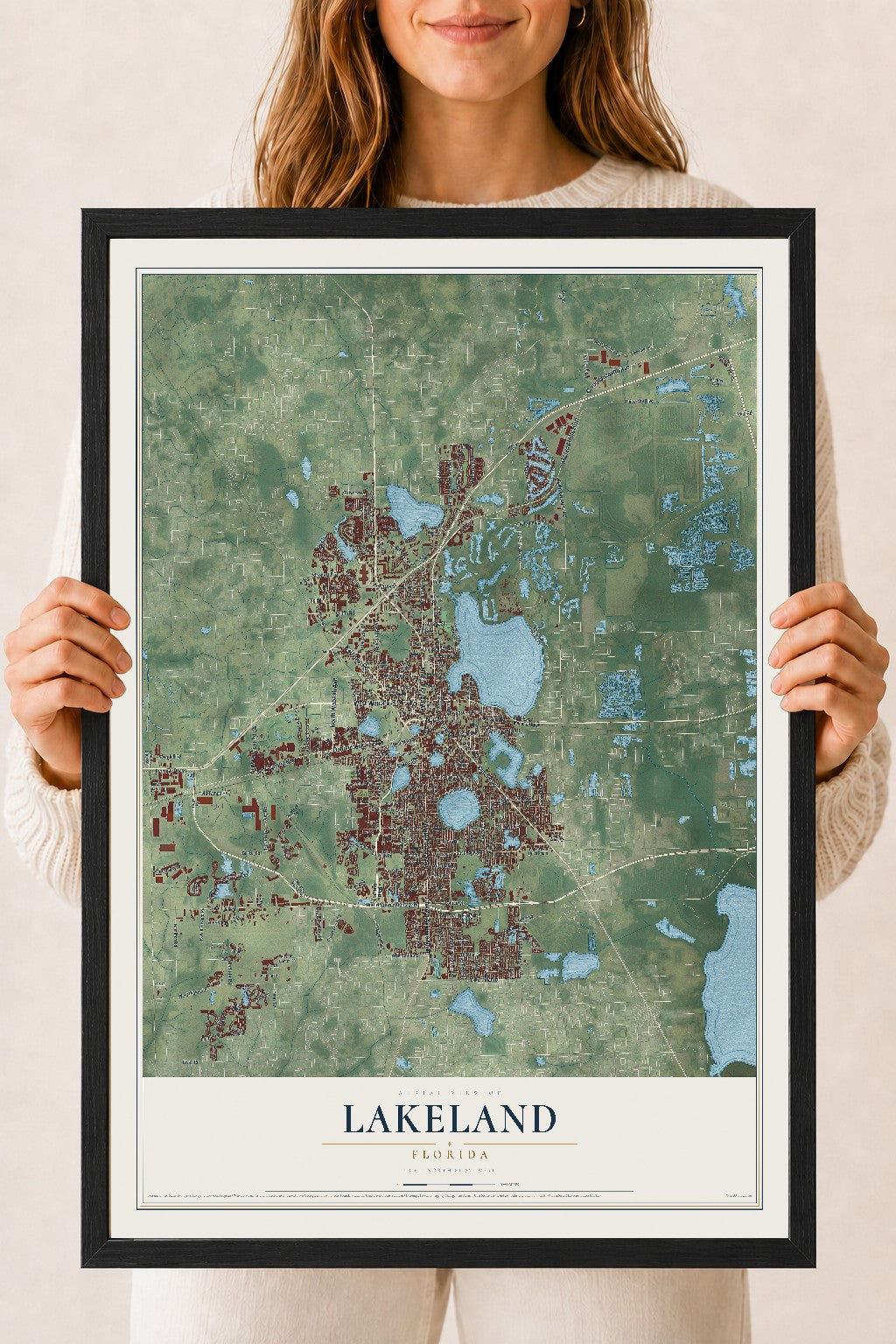 Lakeland, Florida map print, 18" x 24" W/ Black Ayous Wood Frame mockup