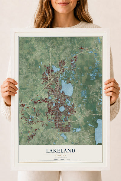 Lakeland, Florida map print, 18" x 24" W/ White Ayous Wood Frame mockup