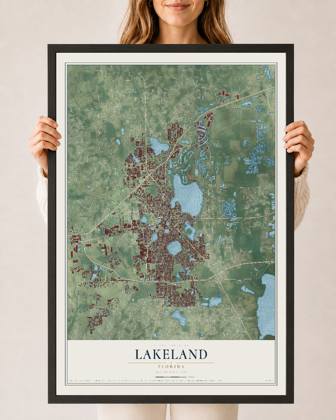 Lakeland, Florida map print, 24" x 36" W/ Black Ayous Wood Frame mockup
