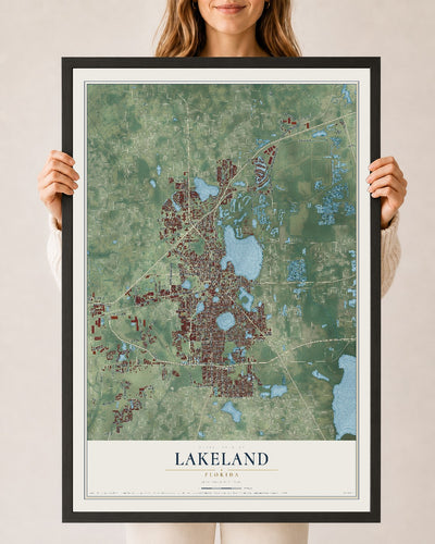 Lakeland, Florida map print, 24" x 36" W/ Black Ayous Wood Frame mockup