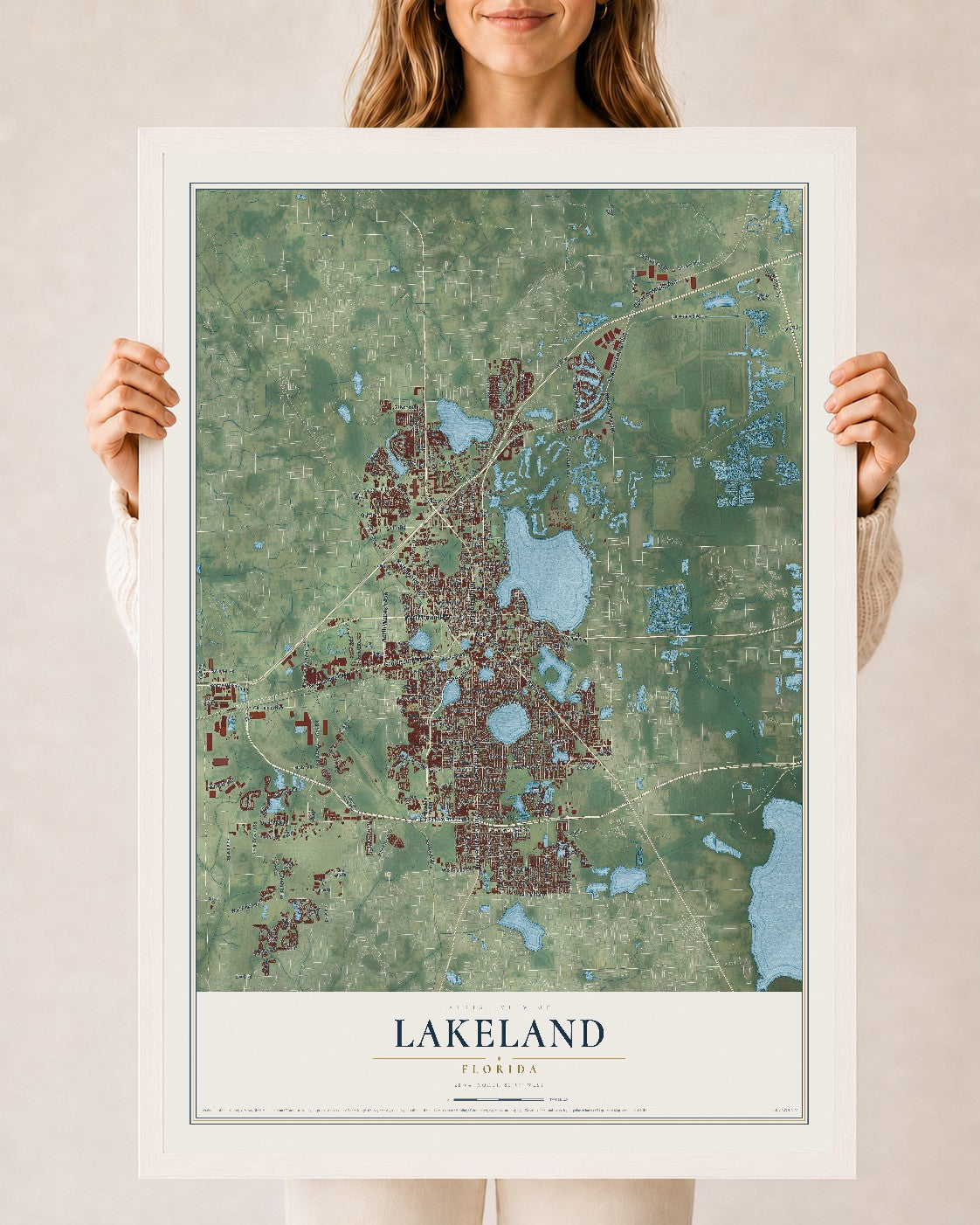 Lakeland, Florida map print, 24" x 36" W/ White Ayous Wood Frame mockup