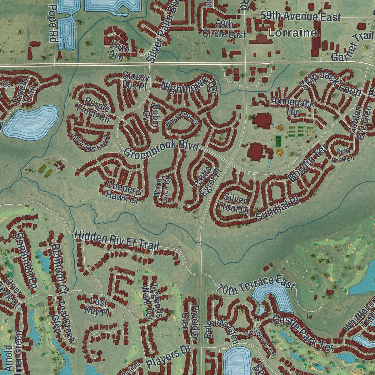 Close-up 1 of the Lakewood Ranch, Florida map artwork