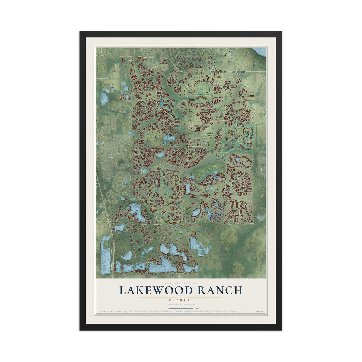 Lakewood Ranch, Florida map print, 12" x 18" W/ Black Ayous Wood Frame mockup