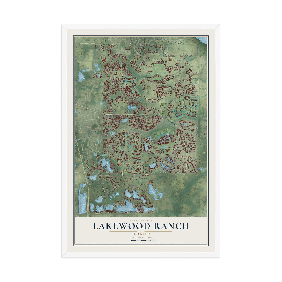 Lakewood Ranch, Florida map print, 12" x 18" W/ White Ayous Wood Frame mockup