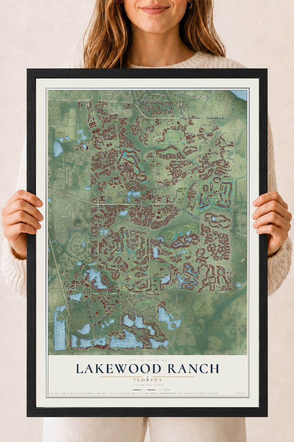 Lakewood Ranch, Florida map print, 18" x 24" W/ Black Ayous Wood Frame mockup