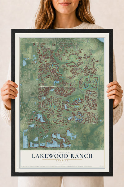Lakewood Ranch, Florida map print, 18" x 24" W/ Black Ayous Wood Frame mockup
