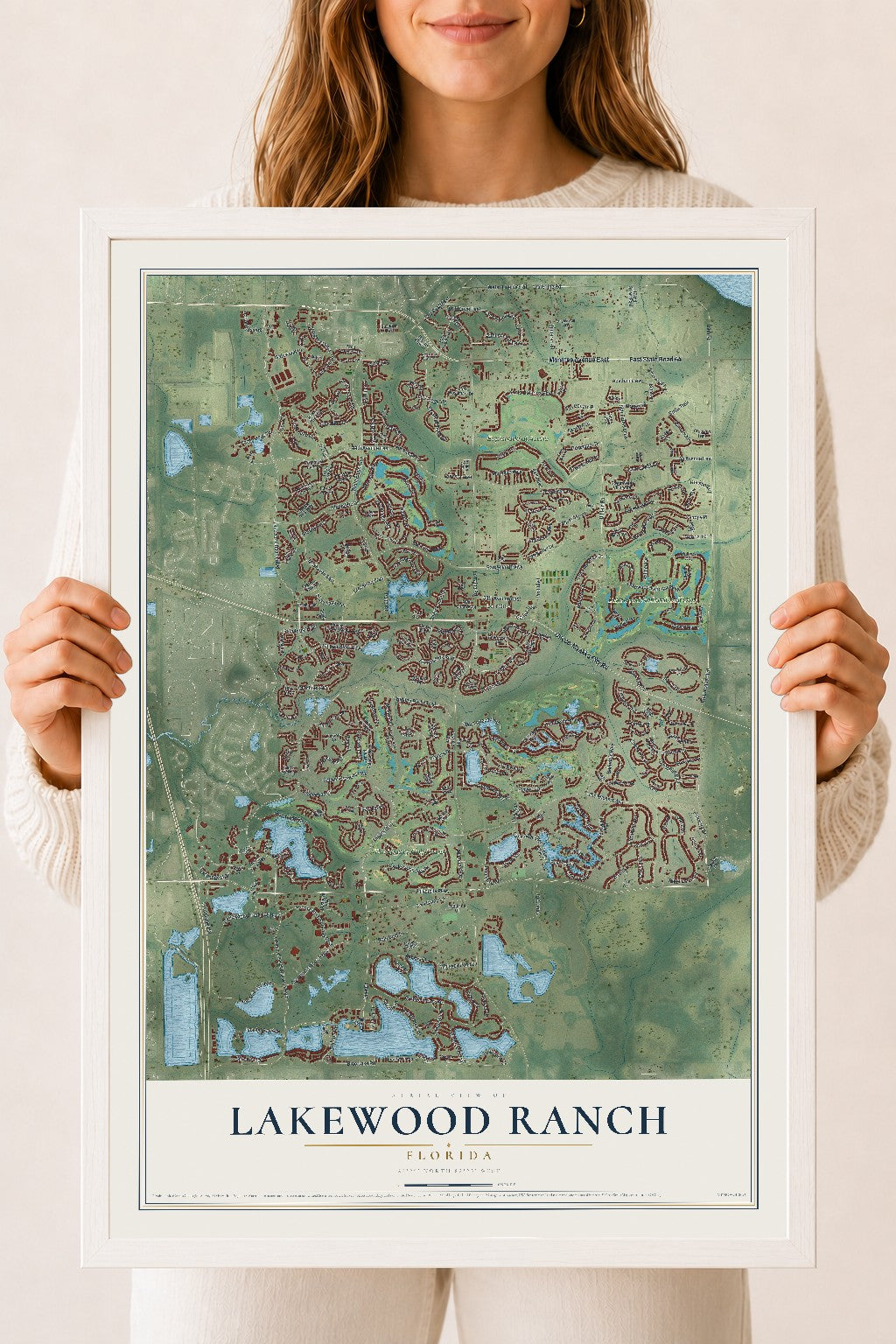 Lakewood Ranch, Florida map print, 18" x 24" W/ White Ayous Wood Frame mockup