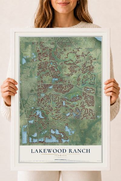 Lakewood Ranch, Florida map print, 18" x 24" W/ White Ayous Wood Frame mockup