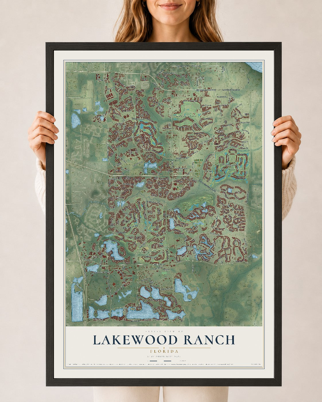 Lakewood Ranch, Florida map print, 24" x 36" W/ Black Ayous Wood Frame mockup