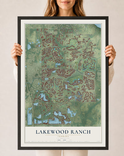 Lakewood Ranch, Florida map print, 24" x 36" W/ Black Ayous Wood Frame mockup