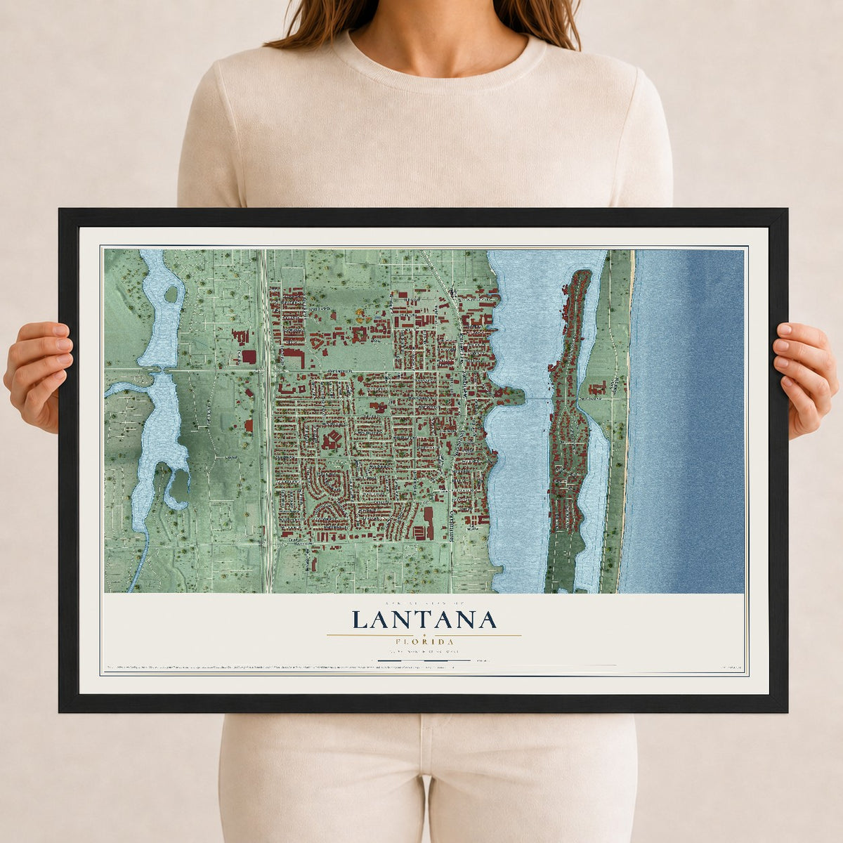 Lantana, Florida map print, 12" x 18" W/ Black Ayous Wood Frame mockup