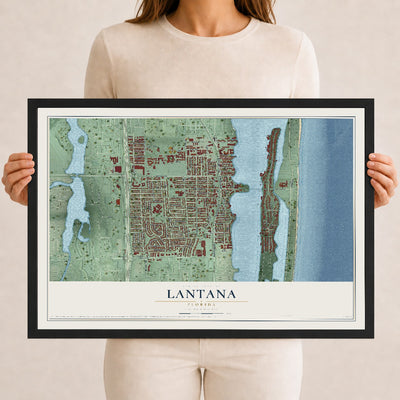 Lantana, Florida map print, 12" x 18" W/ Black Ayous Wood Frame mockup