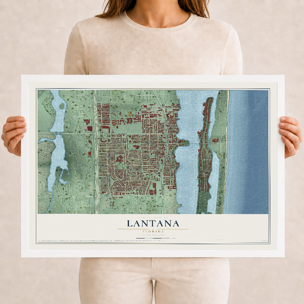 Lantana, Florida map print, 12" x 18" W/ White Ayous Wood Frame mockup