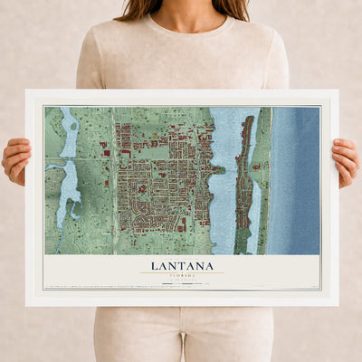 Lantana, Florida map print, 12" x 18" W/ White Ayous Wood Frame mockup