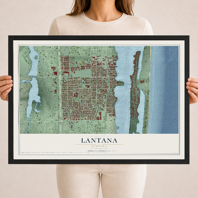 Lantana, Florida map print, 18" x 24" W/ Black Ayous Wood Frame mockup