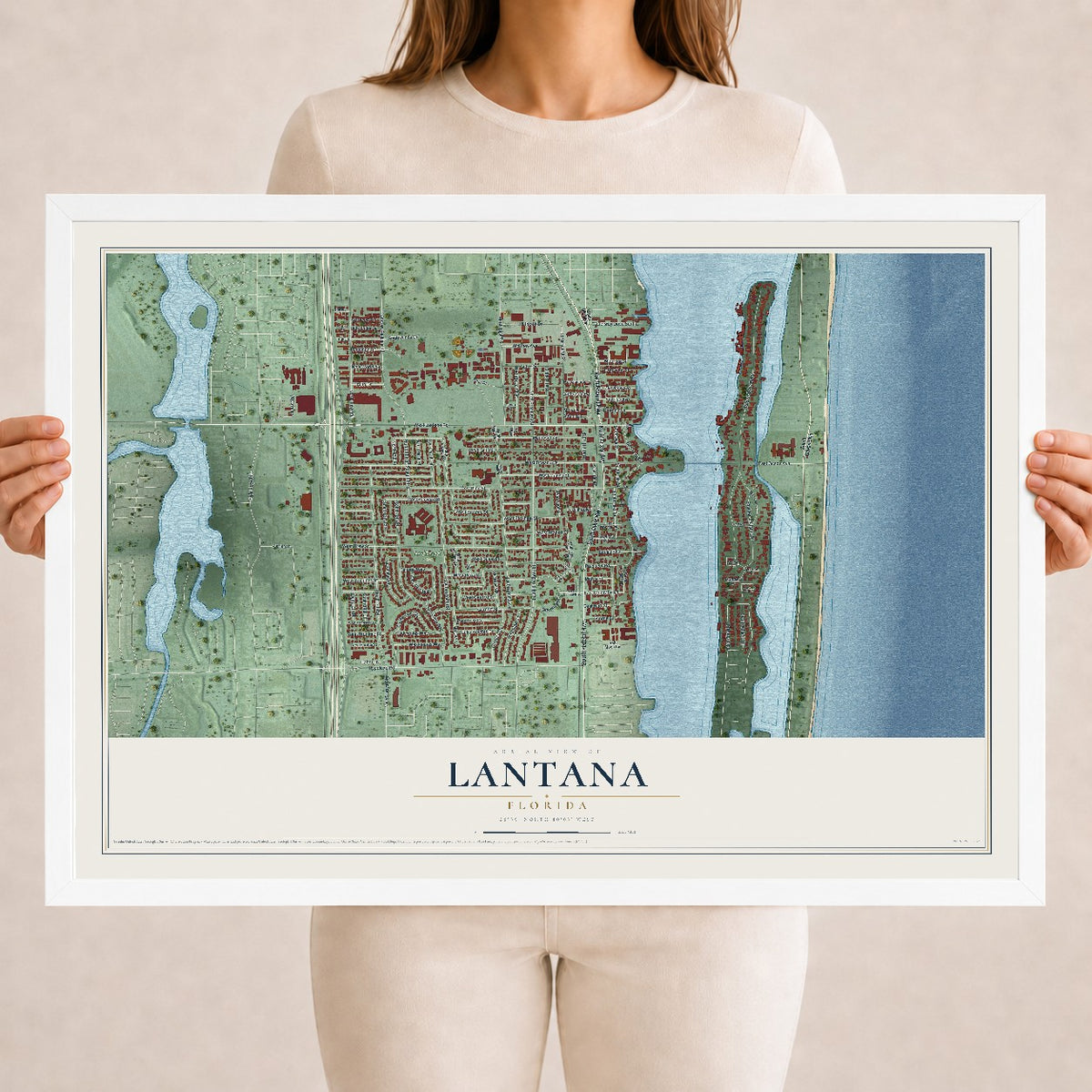 Lantana, Florida map print, 18" x 24" W/ White Ayous Wood Frame mockup