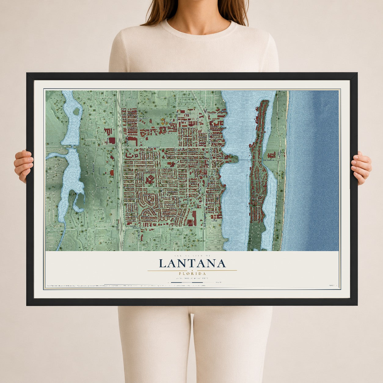 Lantana, Florida map print, 24" x 36" W/ Black Ayous Wood Frame mockup