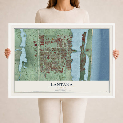 Lantana, Florida map print, 24" x 36" W/ White Ayous Wood Frame mockup