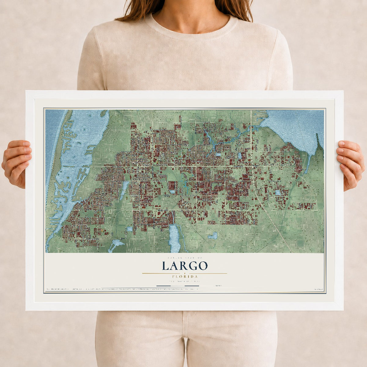 Largo, Florida map print, 12" x 18" W/ White Ayous Wood Frame mockup