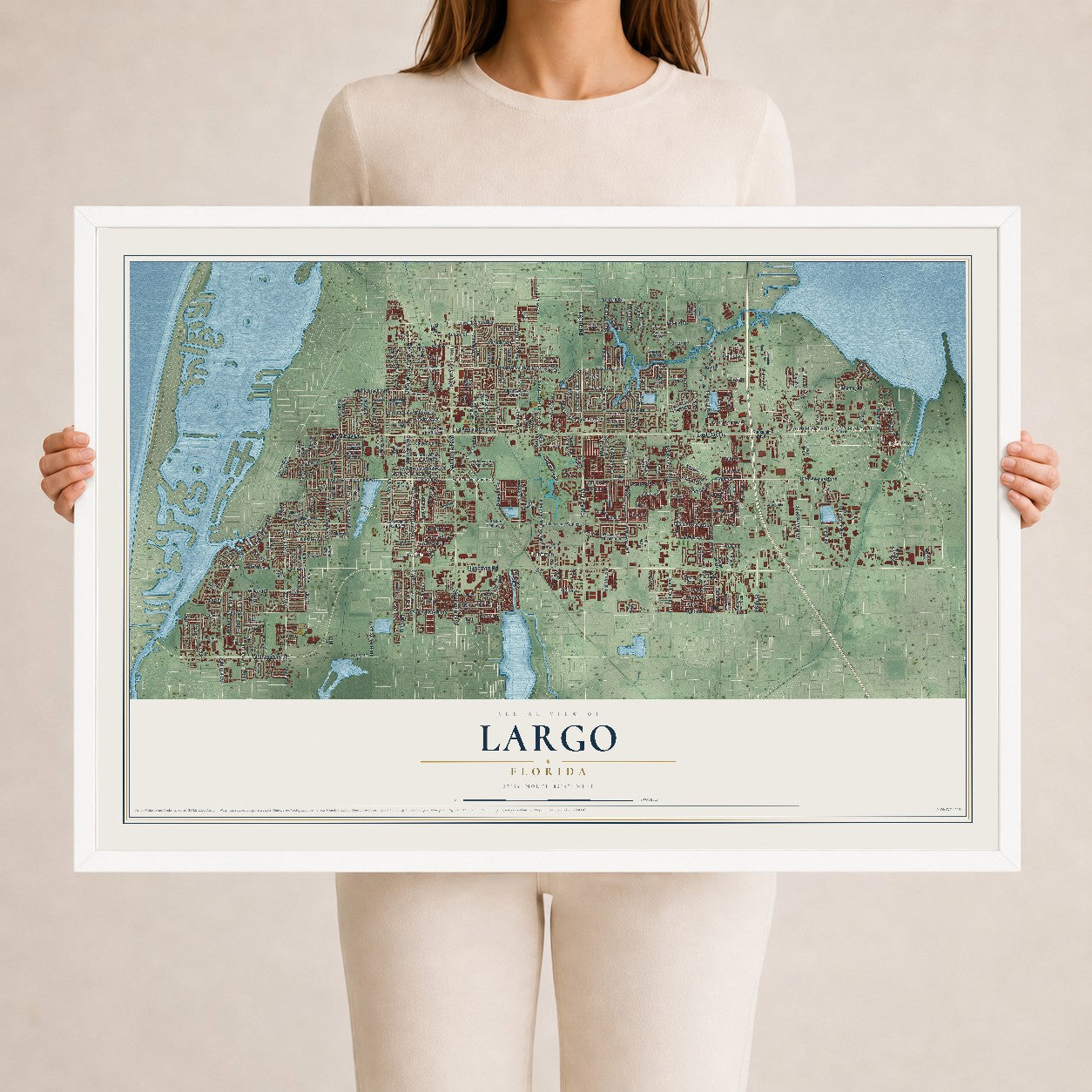 Largo, Florida map print, 24" x 36" W/ White Ayous Wood Frame mockup
