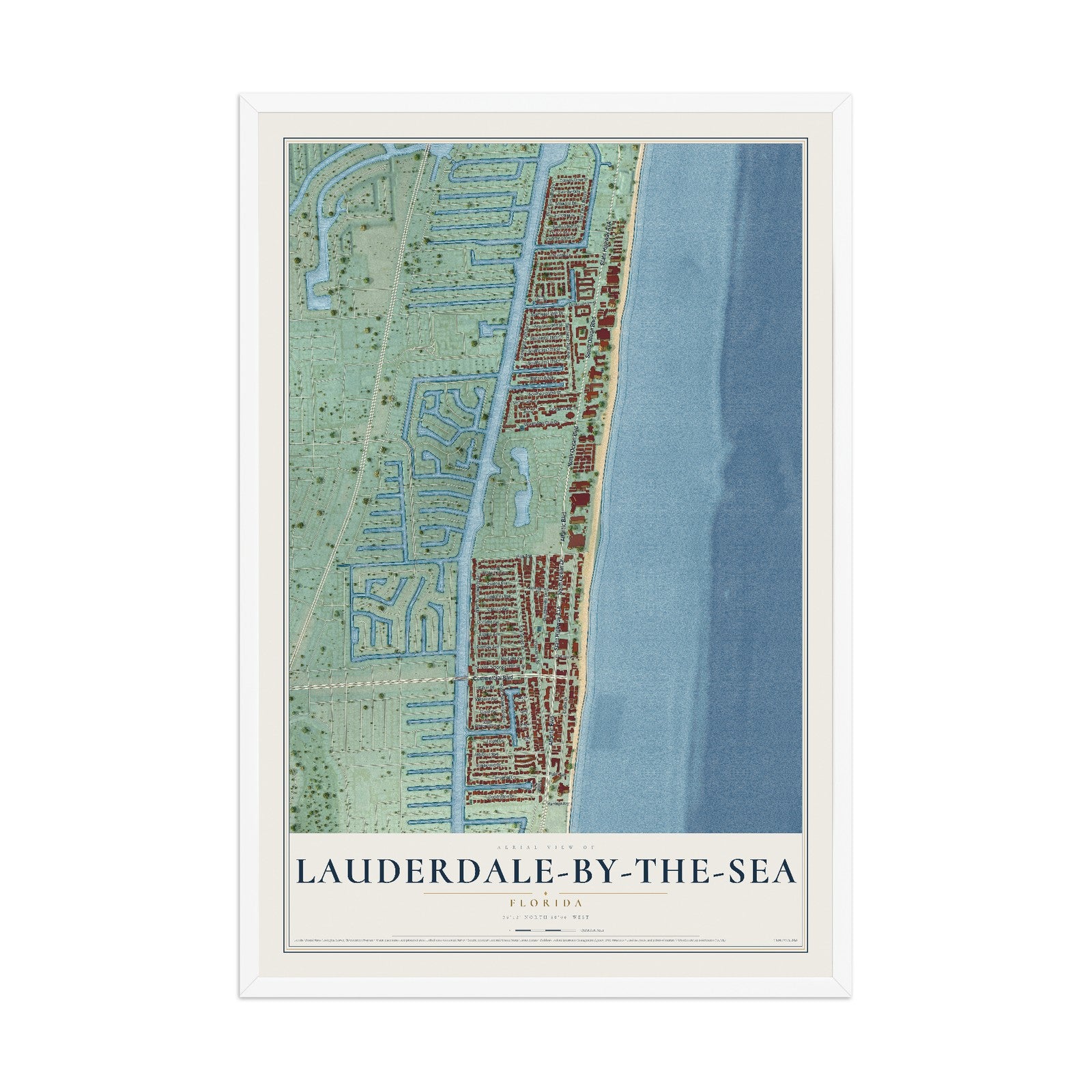 Lauderdale-by-the-Sea, Florida map print, 12" x 18" W/ White Ayous Wood Frame mockup