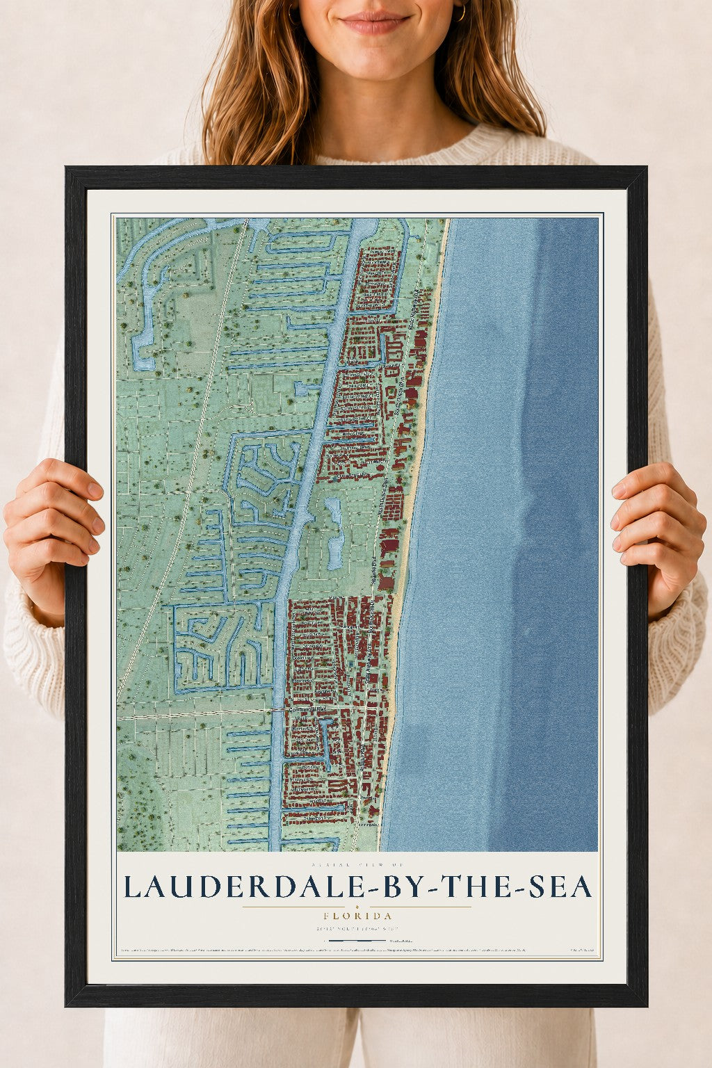 Lauderdale-by-the-Sea, Florida map print, 18" x 24" W/ Black Ayous Wood Frame mockup