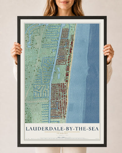 Lauderdale-by-the-Sea, Florida map print, 24" x 36" W/ Black Ayous Wood Frame mockup