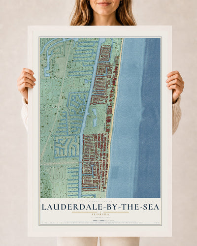Lauderdale-by-the-Sea, Florida map print, 24" x 36" W/ White Ayous Wood Frame mockup