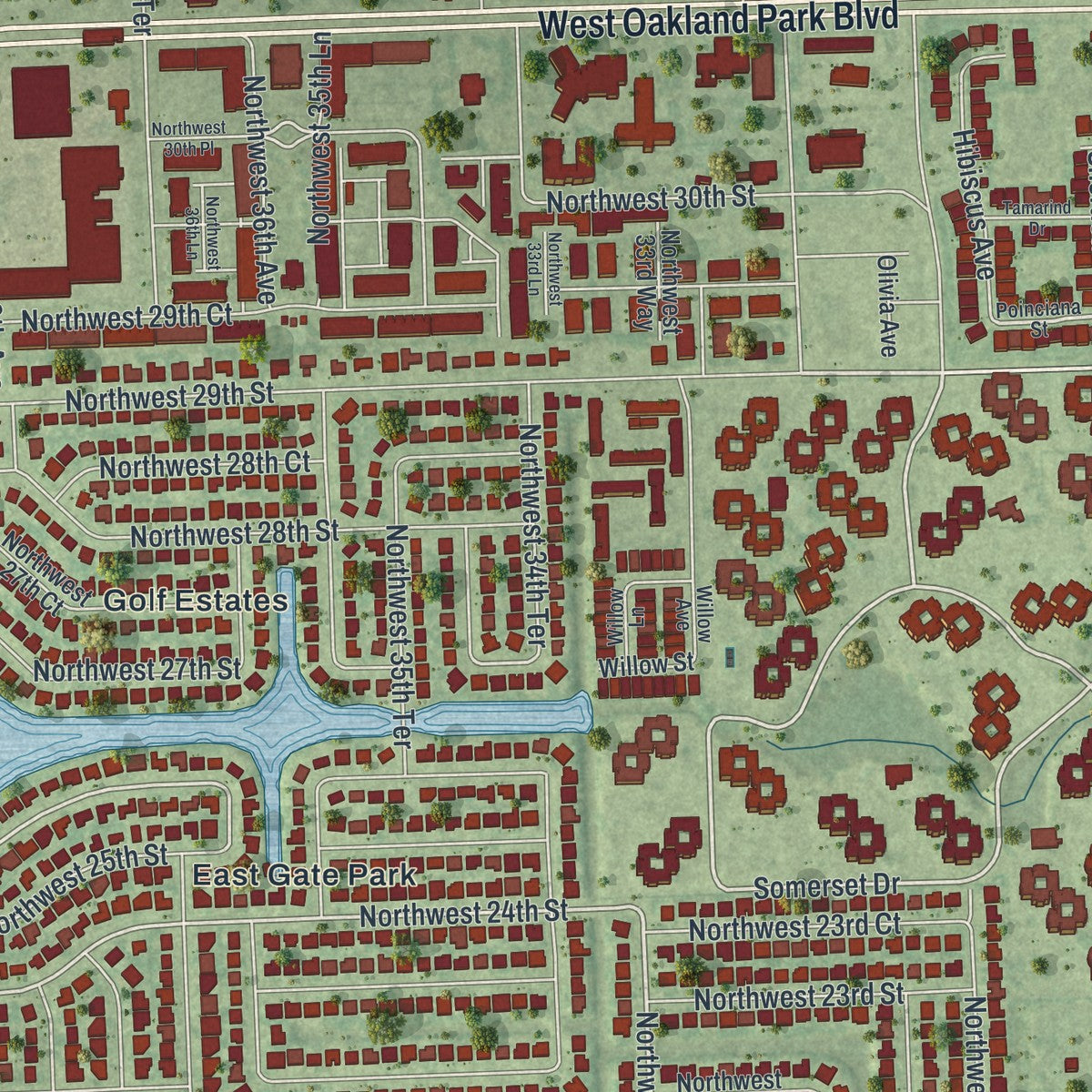 Close-up 1 of the Lauderdale Lakes, Florida map artwork