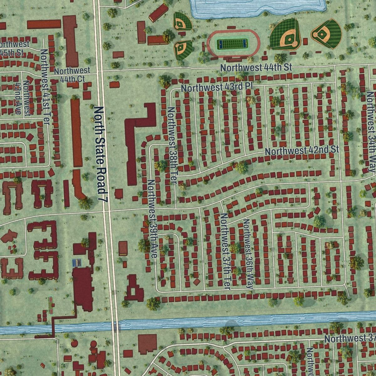Close-up 2 of the Lauderdale Lakes, Florida map artwork