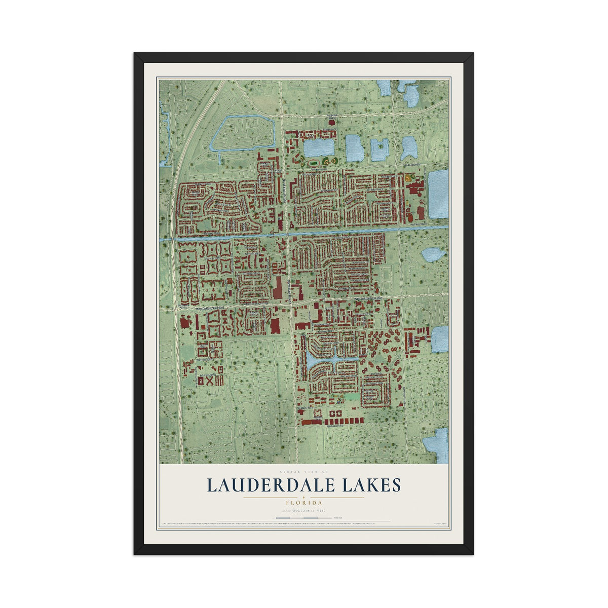 Lauderdale Lakes, Florida map print, 12" x 18" W/ Black Ayous Wood Frame mockup