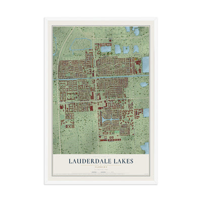 Lauderdale Lakes, Florida map print, 12" x 18" W/ White Ayous Wood Frame mockup