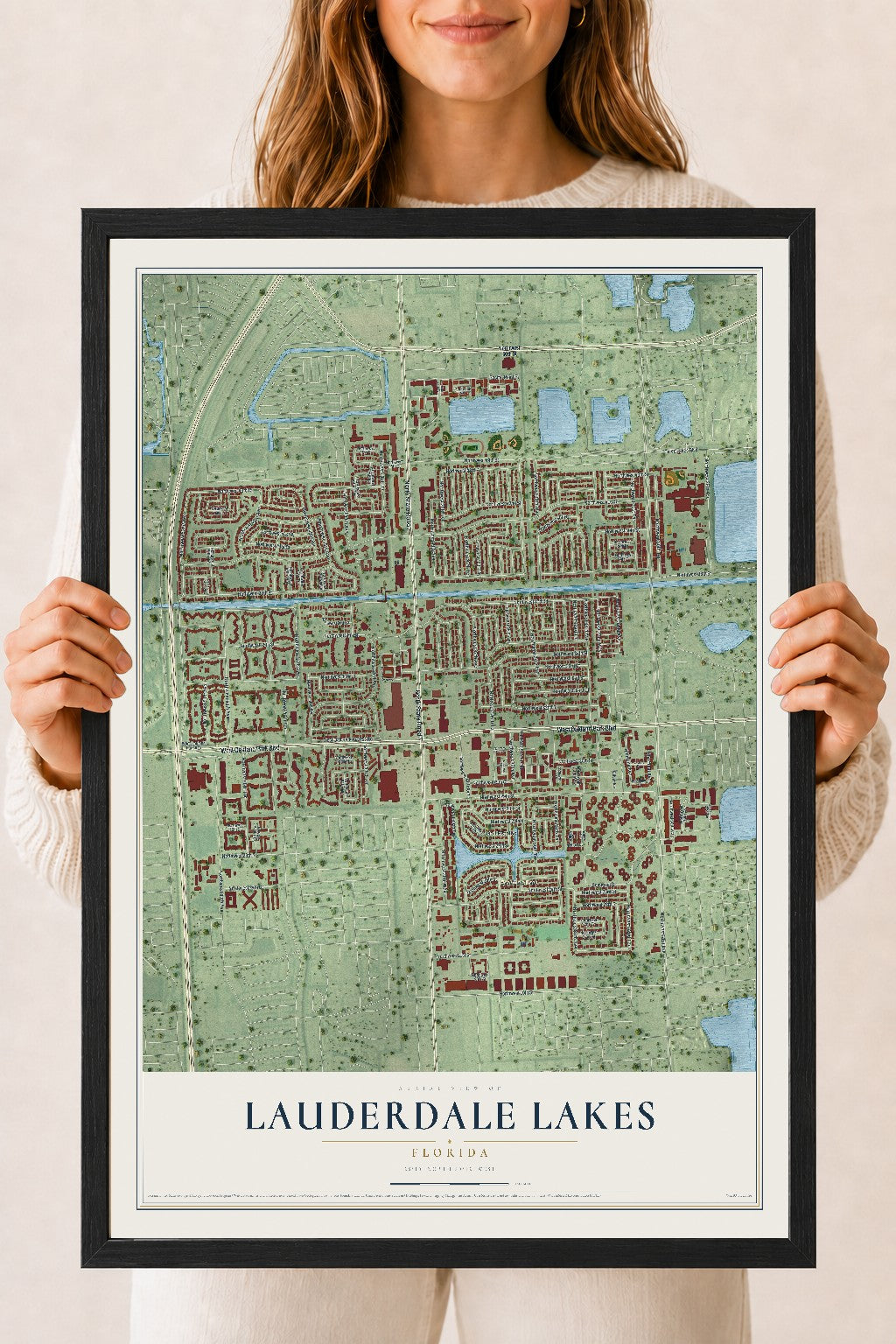 Lauderdale Lakes, Florida map print, 18" x 24" W/ Black Ayous Wood Frame mockup
