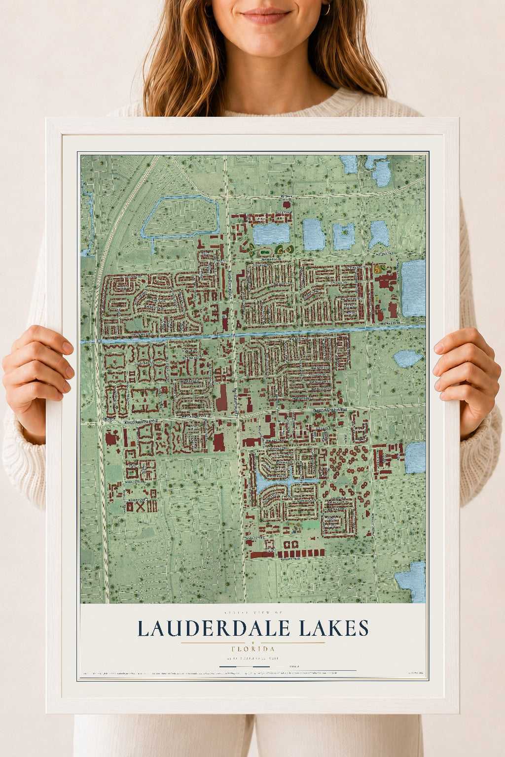 Lauderdale Lakes, Florida map print, 18" x 24" W/ White Ayous Wood Frame mockup