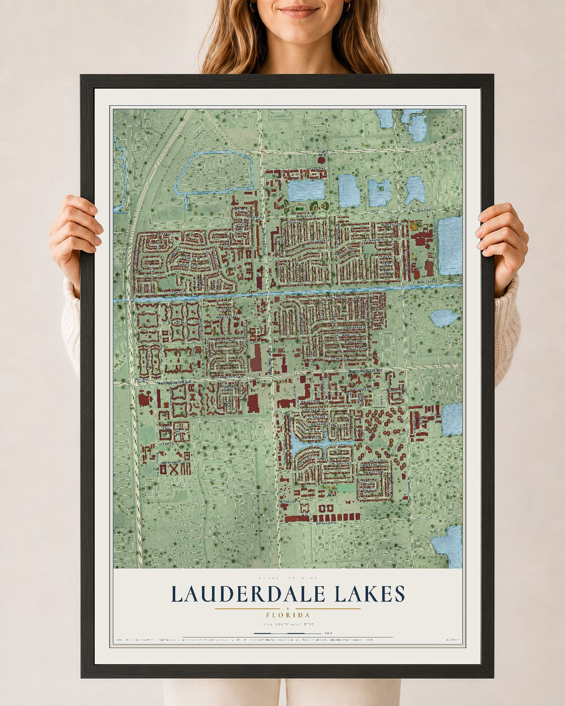 Lauderdale Lakes, Florida map print, 24" x 36" W/ Black Ayous Wood Frame mockup