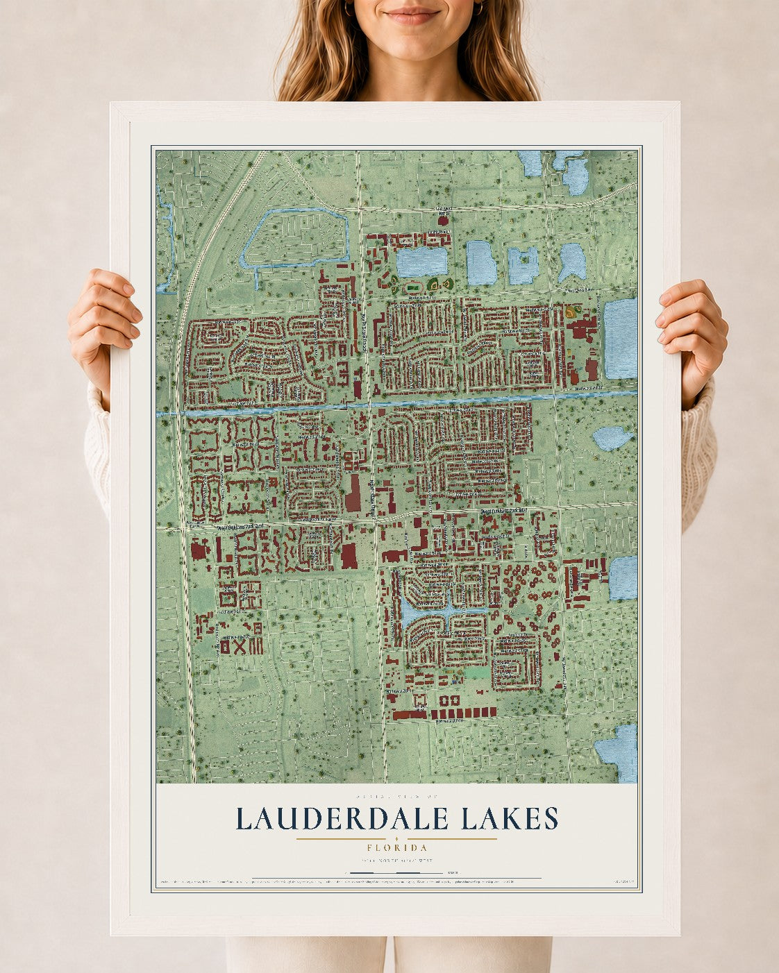 Lauderdale Lakes, Florida map print, 24" x 36" W/ White Ayous Wood Frame mockup