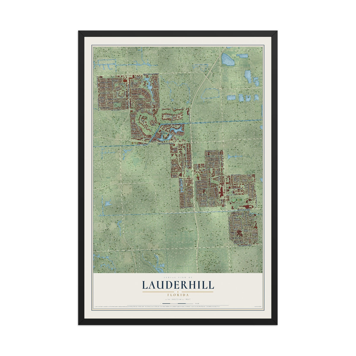 Lauderhill, Florida map print, 12" x 18" W/ Black Ayous Wood Frame mockup
