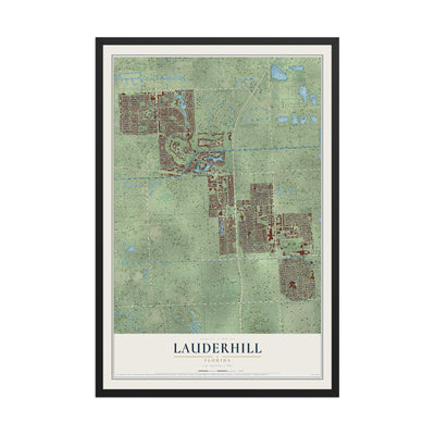 Lauderhill, Florida map print, 12" x 18" W/ Black Ayous Wood Frame mockup