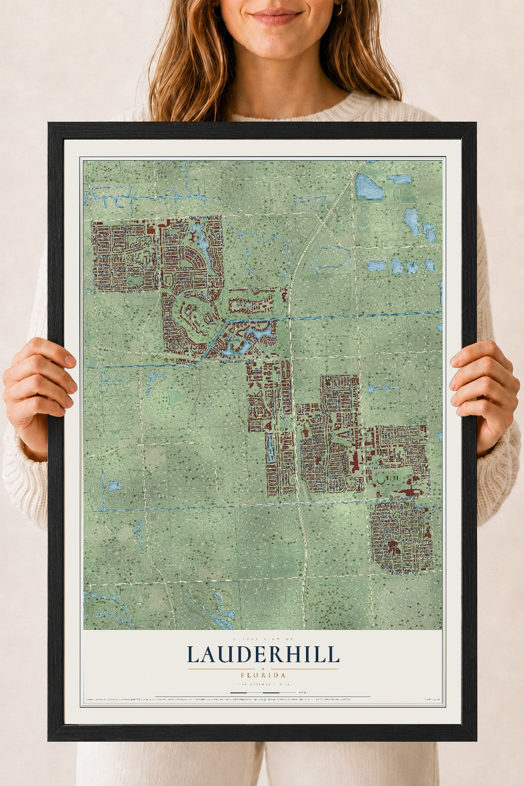 Lauderhill, Florida map print, 18" x 24" W/ Black Ayous Wood Frame mockup
