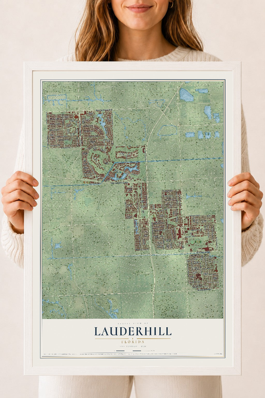 Lauderhill, Florida map print, 18" x 24" W/ White Ayous Wood Frame mockup