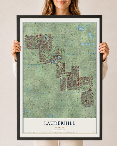 Lauderhill, Florida map print, 24" x 36" W/ Black Ayous Wood Frame mockup